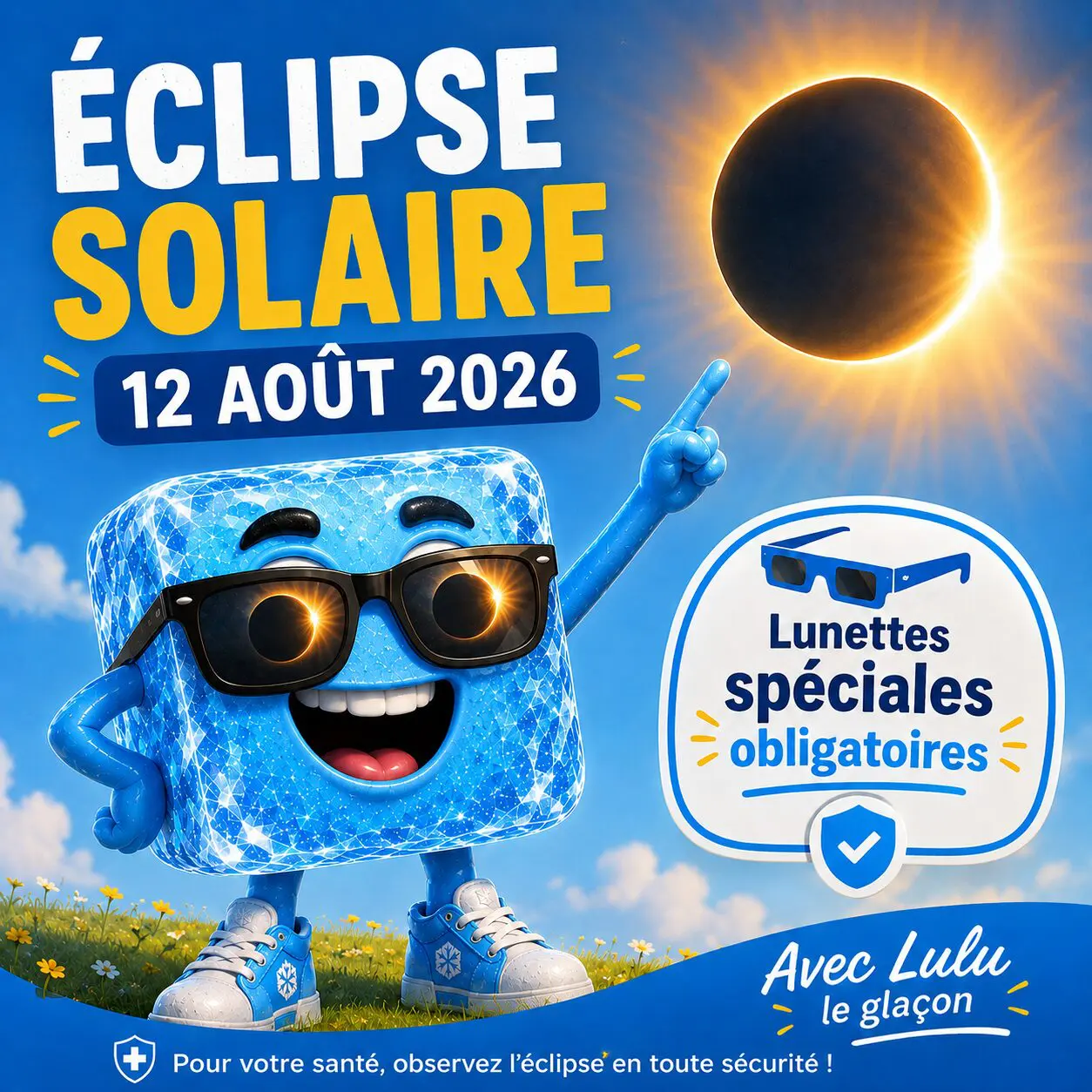 Affiche avec Lulu le glaçon rappelant que des lunettes spéciales sont obligatoires pour observer l’éclipse solaire